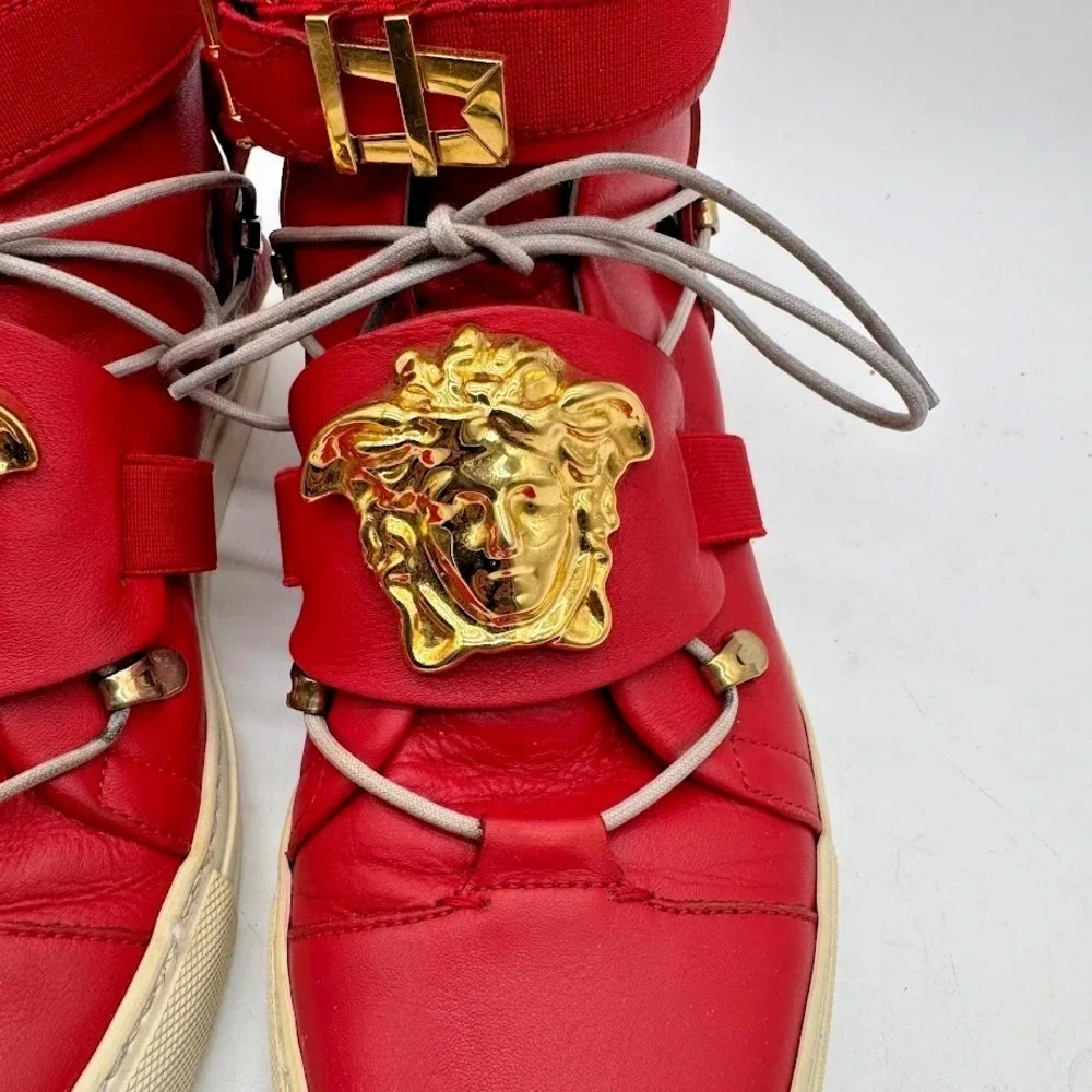 Versace Medusa Red High Top Sneakers IT 39 US 8 Leather Gold Buckle Luxury